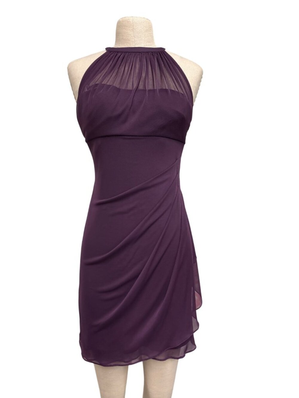 Davids Bridal Plum Halter Chiffon Cocktail Dress Size 4 With Sheer Overlay Ruche